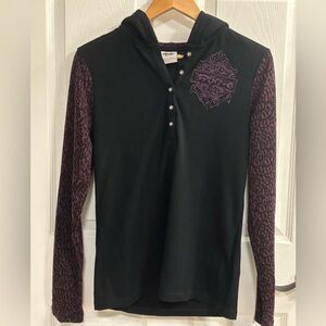 Harley Davidson Womens L Hooded Thermal Henley Black Purple Leopard Biker LN Y2K